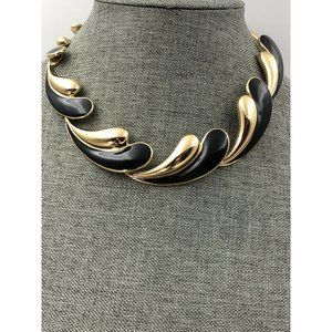 Trifari Choker Style Necklace in Gold Tone and Black Enamel and earrings